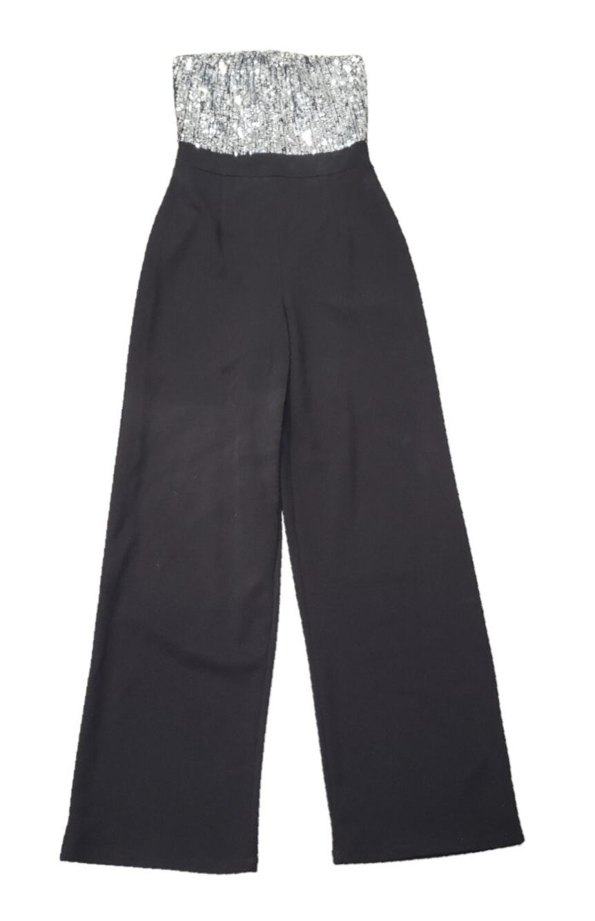 Haute Monde Black & Silver Sequin Strapless Dressy Pant Jumpsuit | Size Small